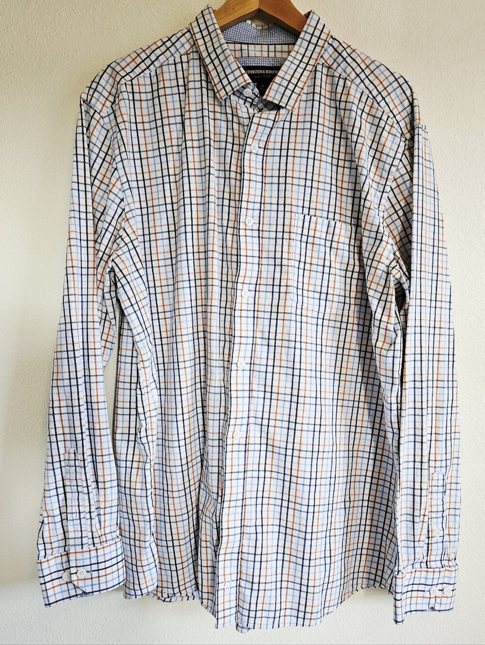 Johnston & Murphy White Plaid Dress Shirt with Blue & Orange
